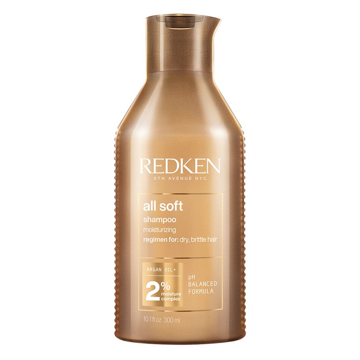 Redken all soft moisturizing shampoo for dry, brittle hair. Size 10.1 fl oz / 300 ml.