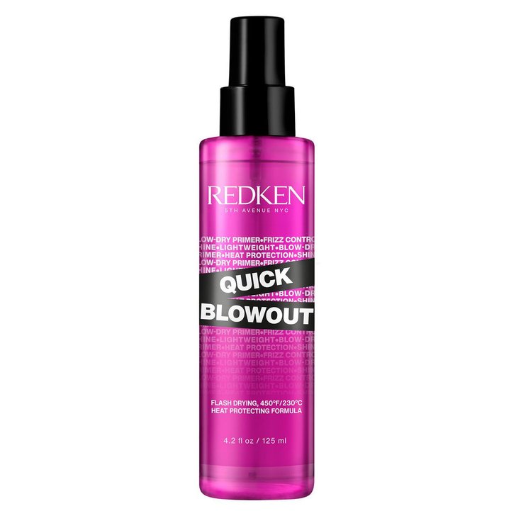 Redken Quick Blowout flash drying, heat protecting formula, 450 degree Fahrenheit / 230 degrees Celsius. Size: 4.2 fl oz / 125 ml.